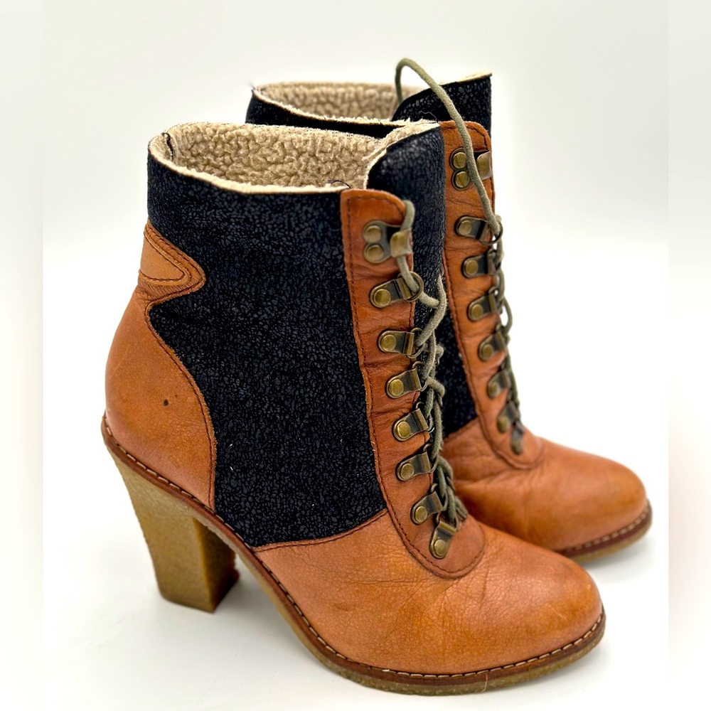 Sam Edelman Tara Brown Black Leather Lace Up Chunky Platform Booties Women’s 7.5